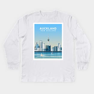 Auckland, New Zealand - Sky Tower Cityscape Kids Long Sleeve T-Shirt